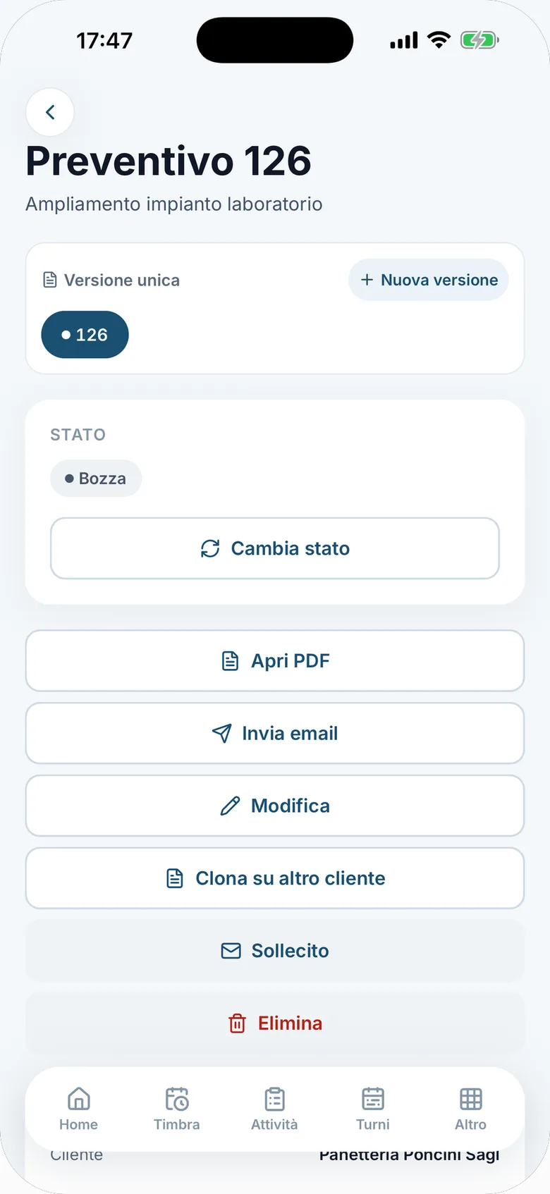 App, preventivo. Stato e versioni del preventivo, PDF, invio al cliente, sollecito e clonazione su un altro cliente.