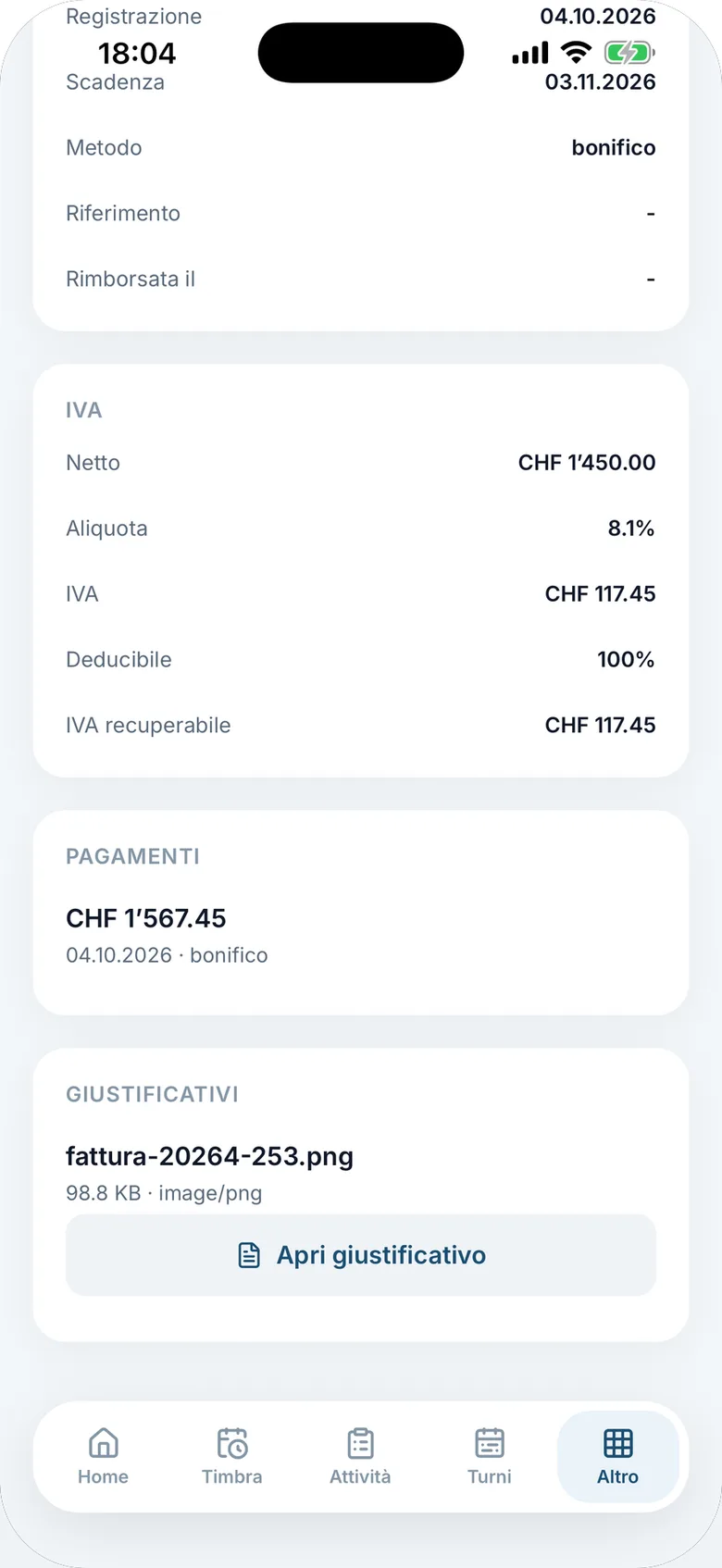 App, scheda spesa. IVA recuperabile, pagamenti e il giustificativo fotografato, allegato alla spesa e consultabile.