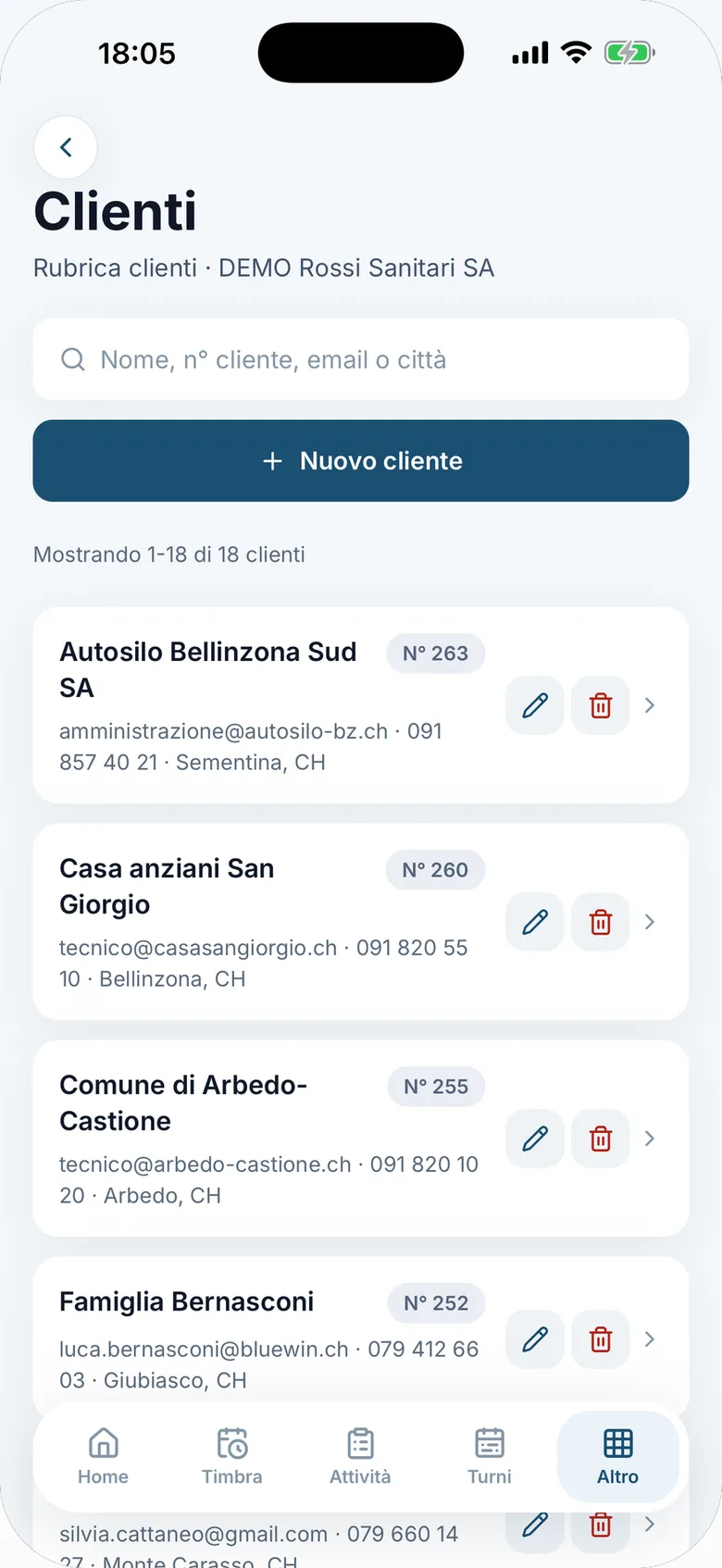 App, clienti. La rubrica completa dell'azienda con ricerca, numero cliente e scheda di ogni cliente.
