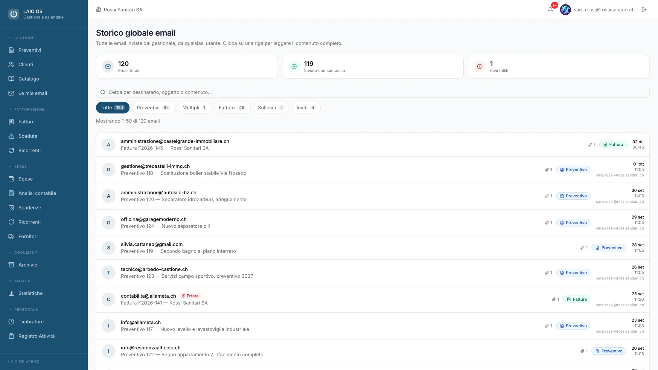 Storico email. Ogni email uscita dal gestionale, con destinatario, allegati ed esito dell'invio.