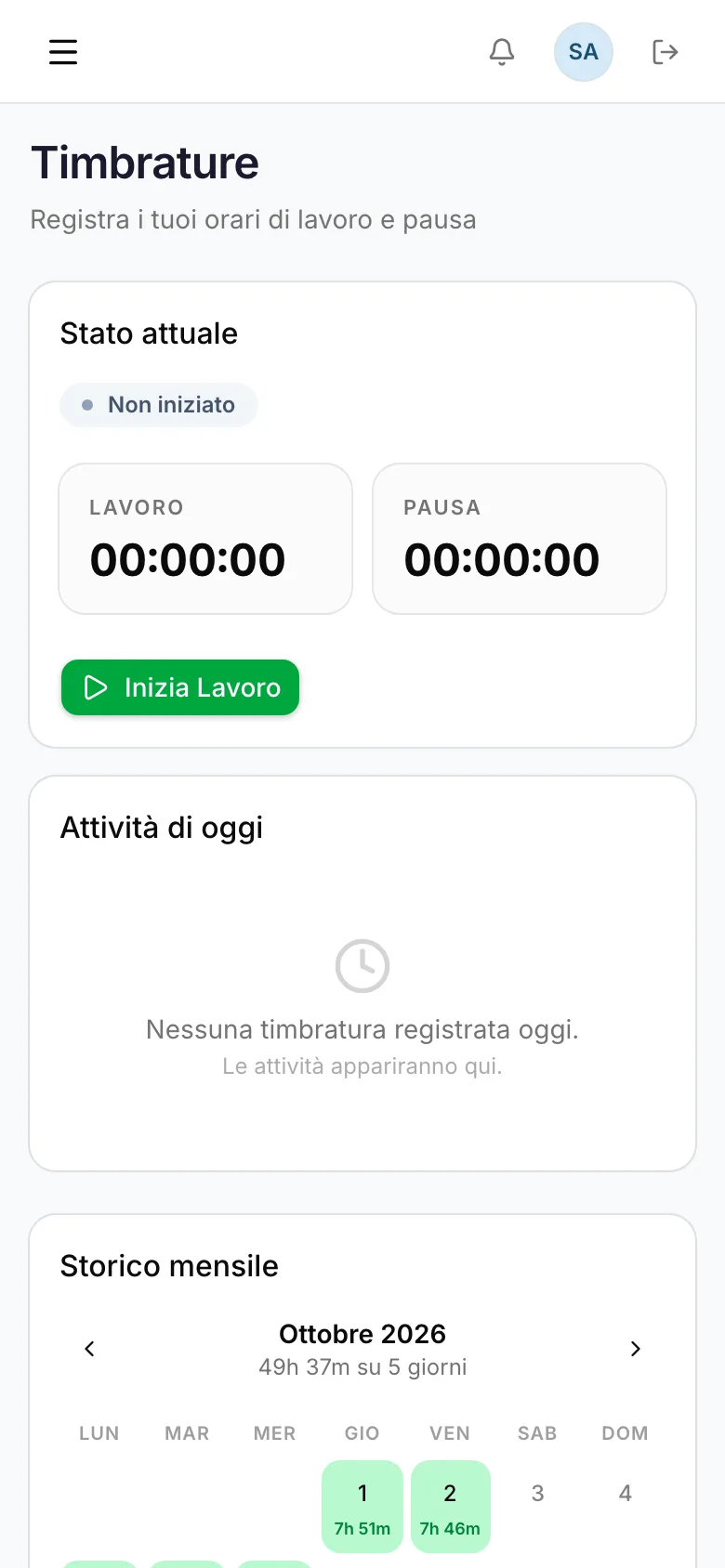 Timbrature dal telefono. Inizio lavoro, pausa e storico mensile come li vede il dipendente sul telefono.