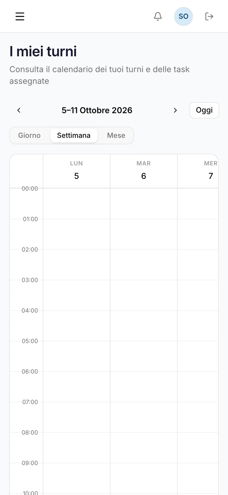 I miei turni, dal telefono. Il calendario personale dei turni con le task assegnate.