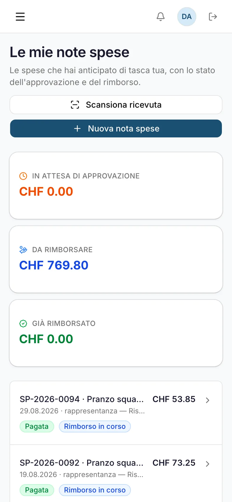 Le mie note spese, dal telefono. Il dipendente fotografa lo scontrino e segue lo stato del rimborso.