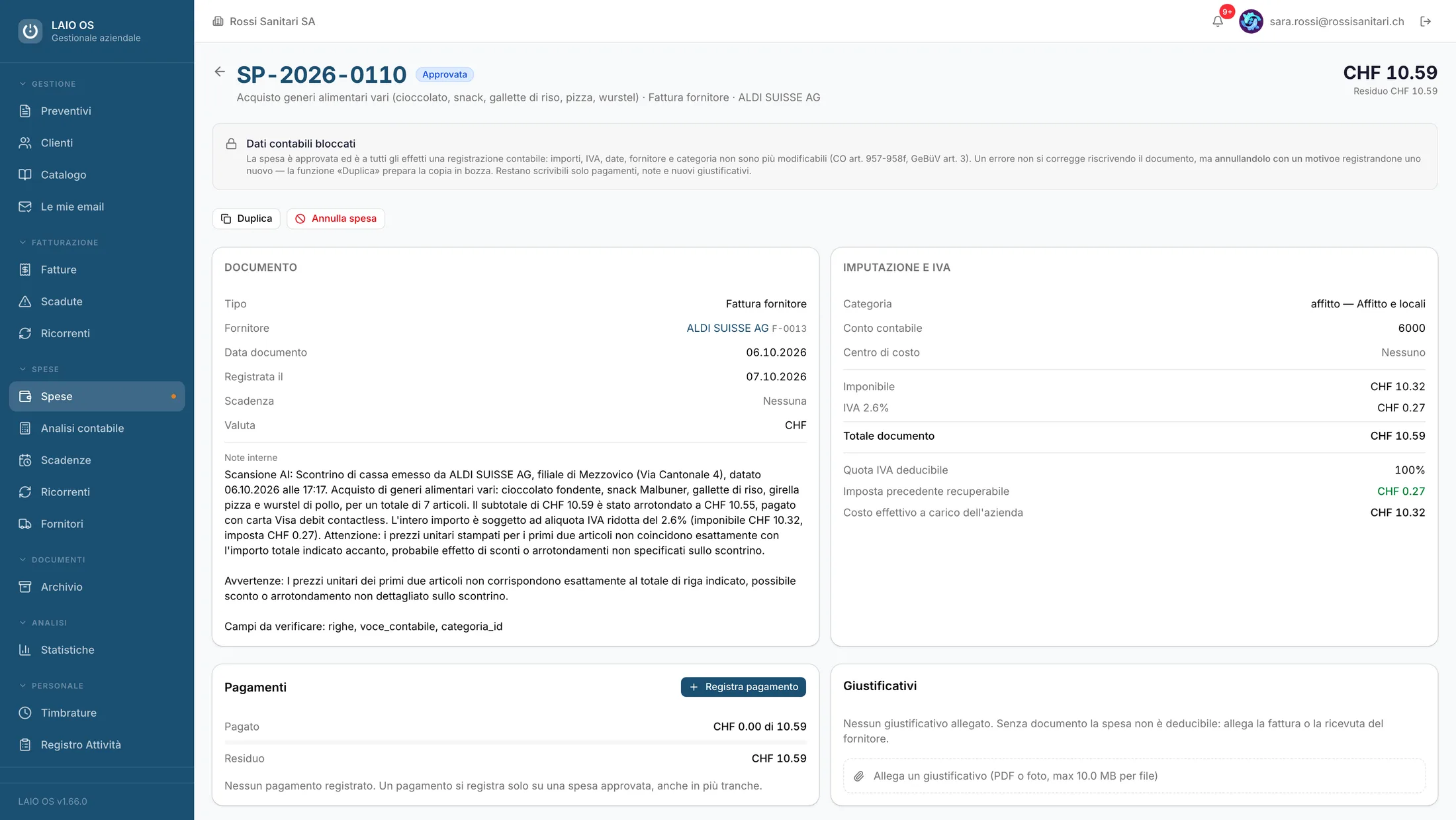 Scheda spesa. Una spesa approvata: imputazione contabile, IVA deducibile, pagamenti e quello che la lettura AI ha trovato sullo scontrino.