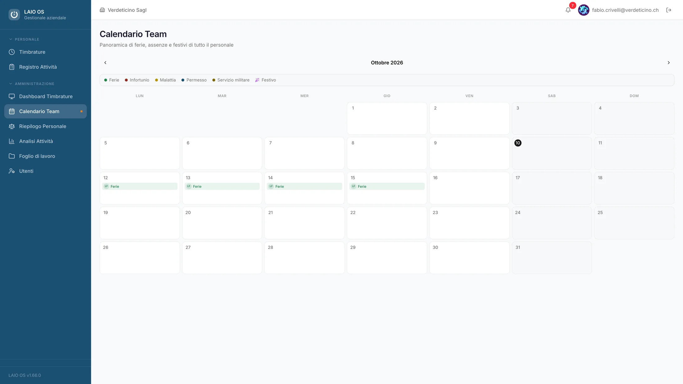 Calendario team. Ferie, malattie e festivi di tutto il personale in un mese solo.
